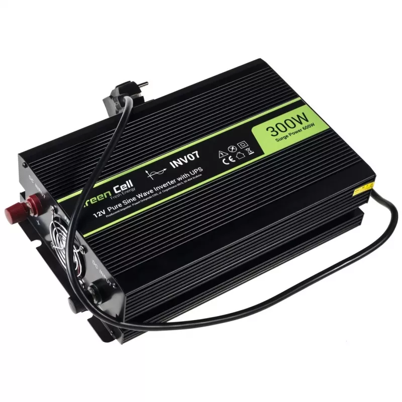 Napäťový menič Green Cell INV07, DC 12 V na AC 230 V, 300 W, 50 Hz, Type-C konektor, čierna