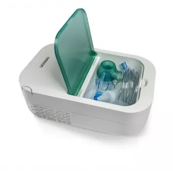 Stolný nebulizátor Omron NE-C301-E — napájaný zo siete, objem náplne 12 ml, detská maska a náustok, biely
