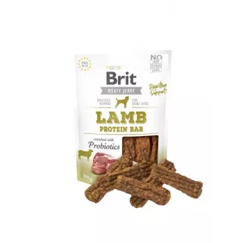 Maškrty pre psov Brit Jerky Snack jahňacie 80 g — bez cukru, dospelé psy, vrecko