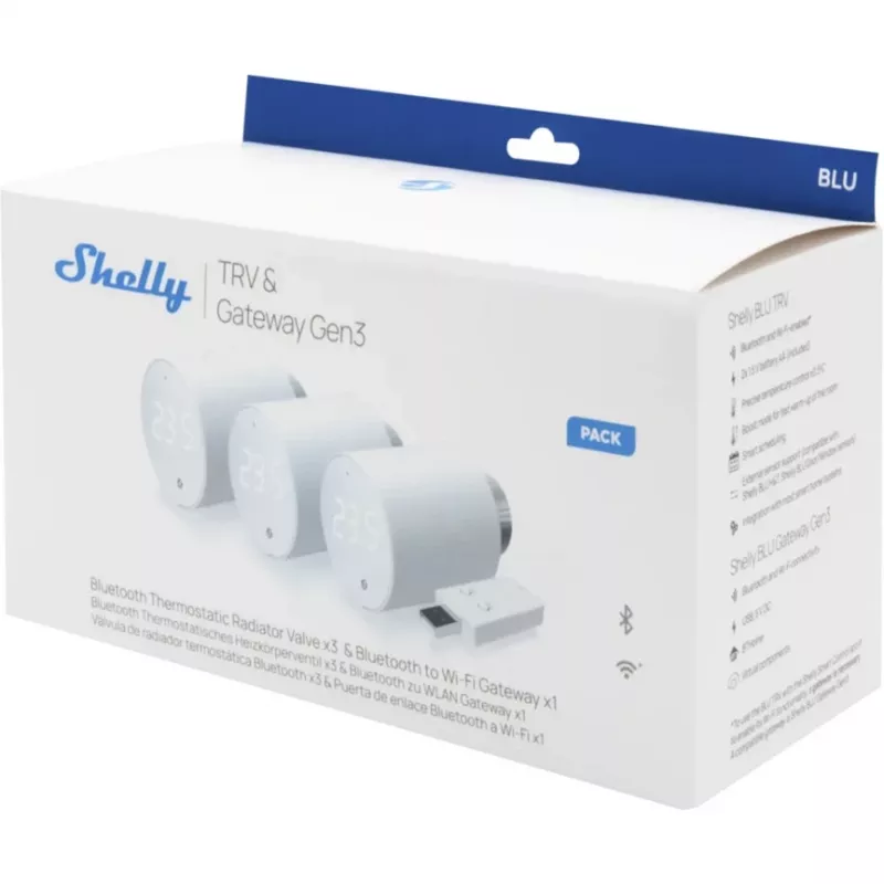 Shelly BLU TRV súprava 3 ks radiátorových termostatov s BLU Gateway Gen3, biela