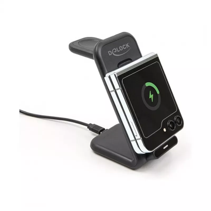 DELOCK 66941 bezdrôtová nabíjačka 3-in-1 pre smartfón smart hodinky slúchadlá USB Type-C 15 W interiérová čierna