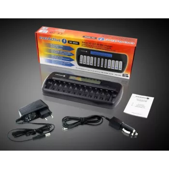 Nabíjačka batérií everActive NC-1200 – univerzálna 12-násobná nabíjačka pre AA/AAA, vstup 12 V, čierna
