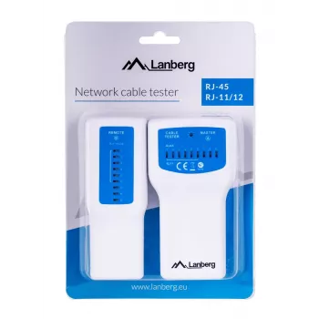 PoE tester LANBERG NT-0402 — PoE tester sieťových káblov s podporou RJ-45/RJ-11, LED indikátory, prevádzková LED, vypínač