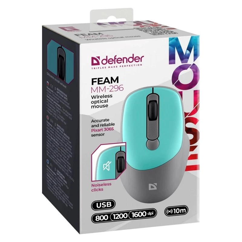 Defender Feam MM-296 52294 bezdrôtová myš, tichý klik, optická, 1600 DPI, USB, mätová