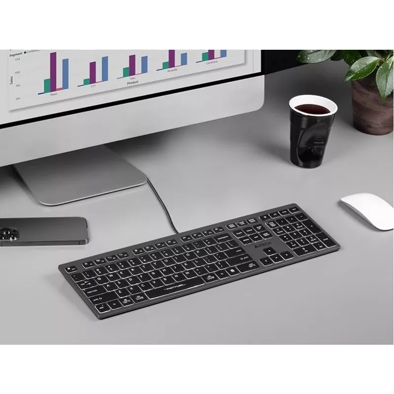 Káblová A4Tech klávesnica FX60H USB QWERTY – Full-Size 100%, podsvietená biela, sivá, USB hub