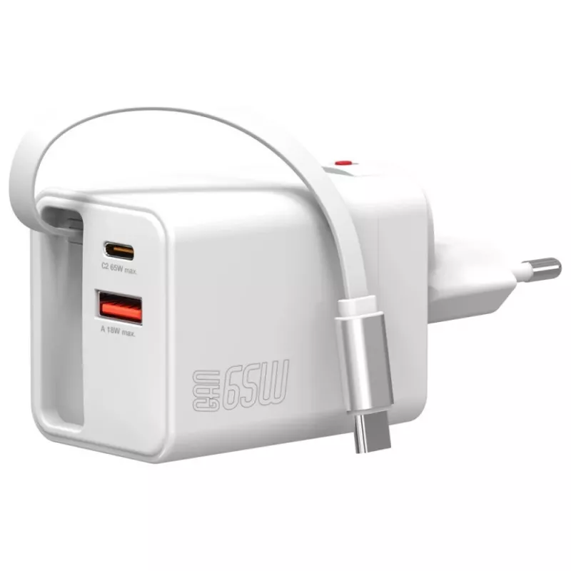4smarts 541065 GaN Flex Jojo 65W sieťová nabíjačka, 2x USB-C PD + USB-A QC 3.0, zaťahovací USB-C kábel, 100-240V, biela