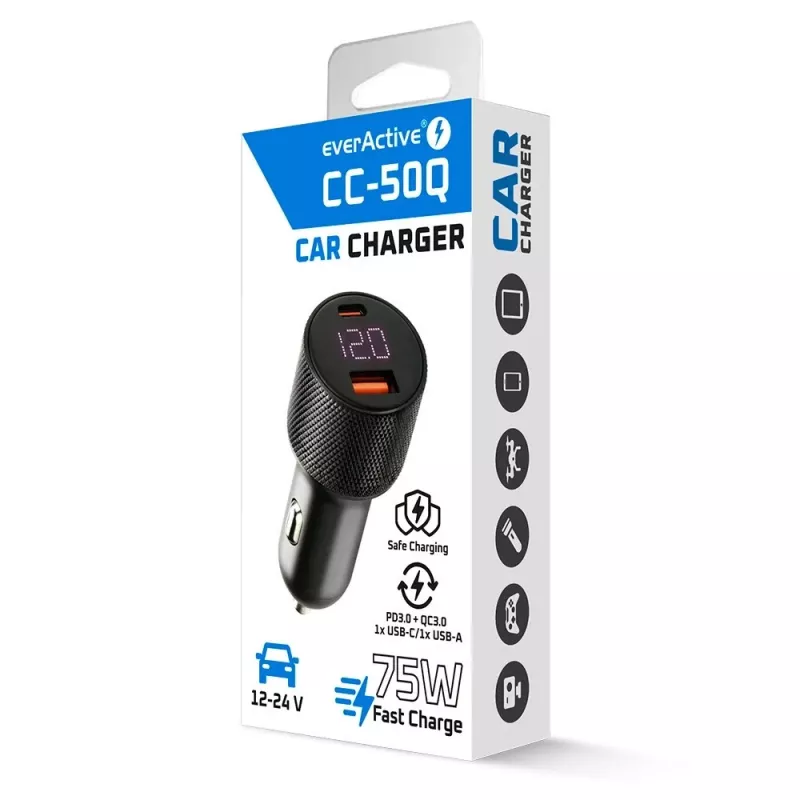 Auto nabíjačka everActive CC-50Q QC3.0 75W s podporou Quick Charge 3.0 a USB portami