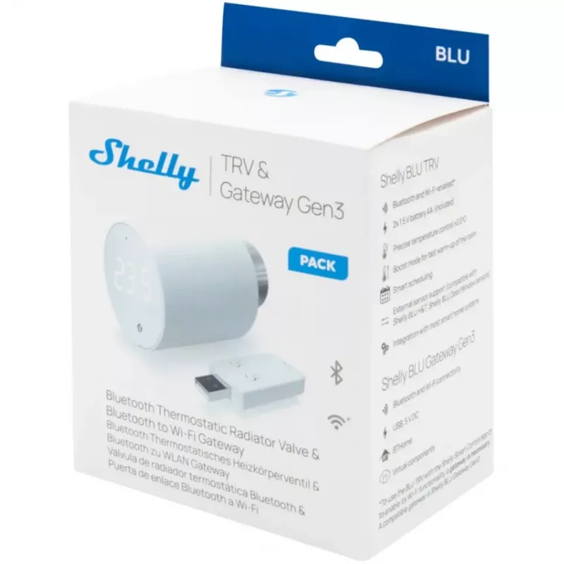 Sada termostatického ventilu radiátora Shelly Heating Control BLU TRV + BLU Gateway Gen. 3 — M30×1,5, Wi‑Fi, AA batérie, výška 78 mm