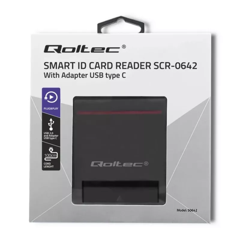 Čítačka ID kariet QOLTEC Smart-Chip-ID čítačka kariet — USB, čierna, 84,5×65×16 mm, 63 g
