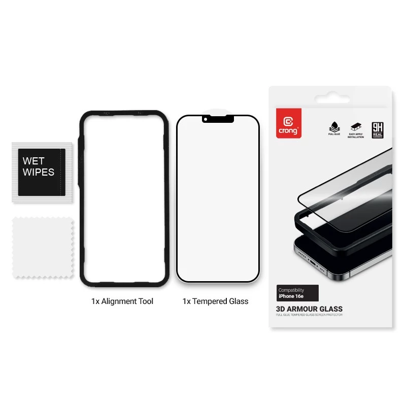 Tvrdené sklo ochrana displeja Crong pre iPhone 16e / 14 / 13 / 13 Pro — 3D plné pokrytie