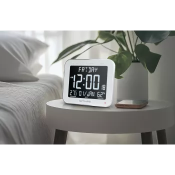 Muse M-090 WMC digitálne nástenné/stolové hodiny s budíkom, veľký LCD displej s automatickým podsvietením, vnútorná teplota a vlhkosť, kalendár, obdĺžnikové, biele