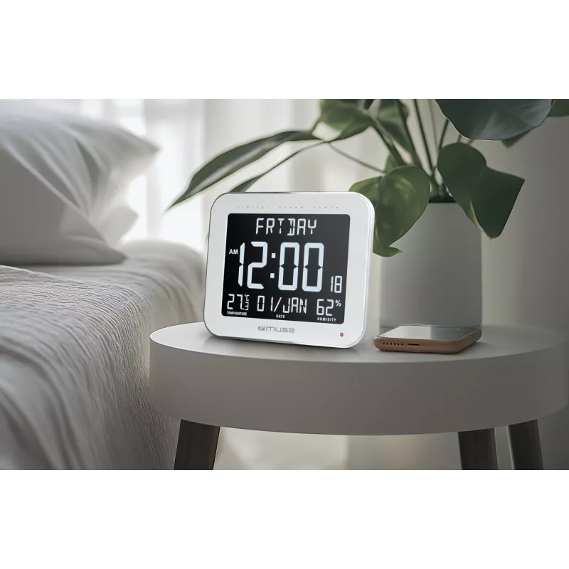 Muse M-090 WMC digitálne nástenné/stolové hodiny s budíkom, veľký LCD displej s automatickým podsvietením, vnútorná teplota a vlhkosť, kalendár, obdĺžnikové, biele