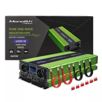 Qoltec Monolith menič napätia | nabíjanie batérie | UPS | 2000W | 4000W | 12V na 230V | čistá sínusovka | LCD čierno-zelený