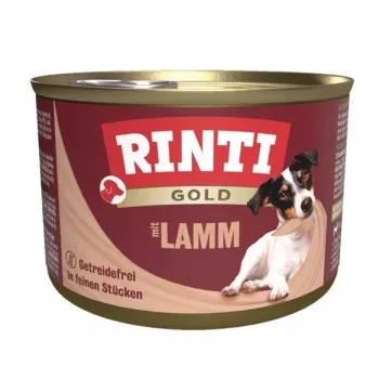 Mokré krmivo RINTI Gold Lamb 185 g — kompletné krmivo pre dospelých psov v konzerve, 79 % vlhkosti, 10 % bielkovín, 8 % tukov