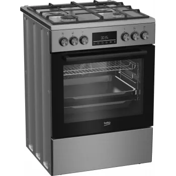 Voľne stojaci plynovo-elektrický sporák BEKO FBM62330GXTN 60 cm, 4-horáková plynová varná doska, 72 l elektrická rúra, energetická trieda A