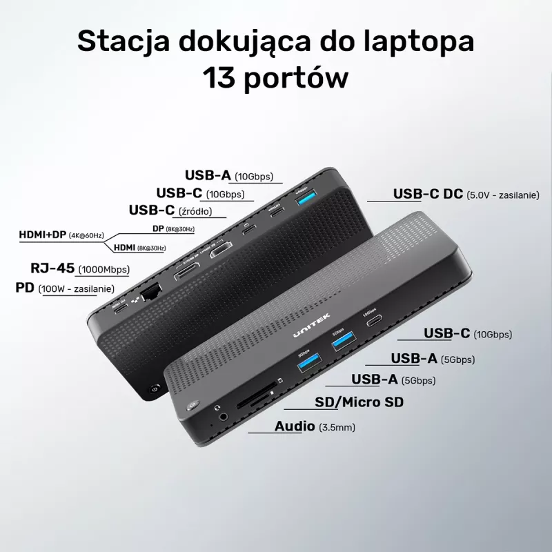 Dokovacia stanica UNITEK D1079A USB4 káblová čierna 100W Power Delivery