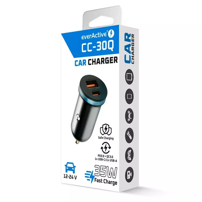 Auto nabíjačka everActive CC-30Q QC3.0 35W – 1x USB-A, 1x USB-C, rýchle nabíjanie