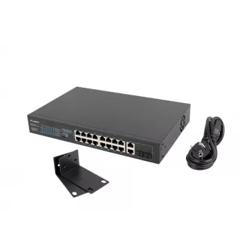 Neřízený switch LANBERG RSFE-16P-2C-150 — 18-port Gigabit, 16 PoE+/2 SFP, 150 W celkom, 1U Rack, kov, čierny