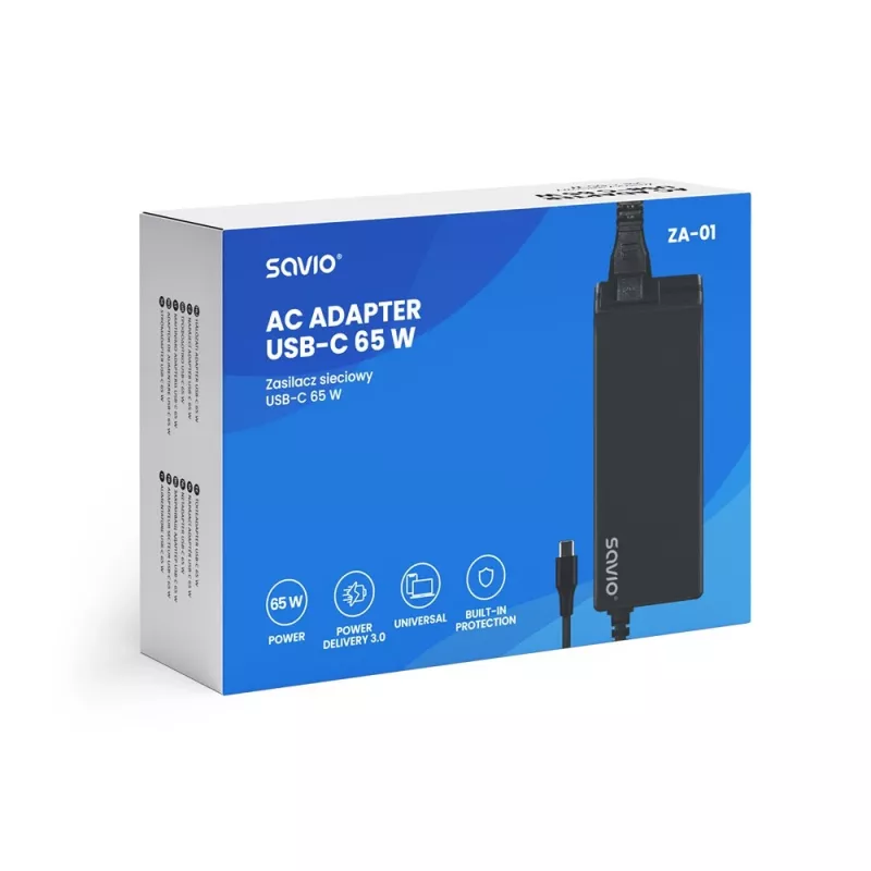 Interiérová AC nabíjačka SAVIO ZA-01, 65W USB-C PD 3.0, 100–240V vstup, jeden konektor, čierna