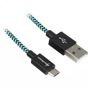 USB 2.0 kábel, USB-A konektor samec > Micro-USB konektor samec (čierna/svetlomodrá, 1 meter, opláštený)