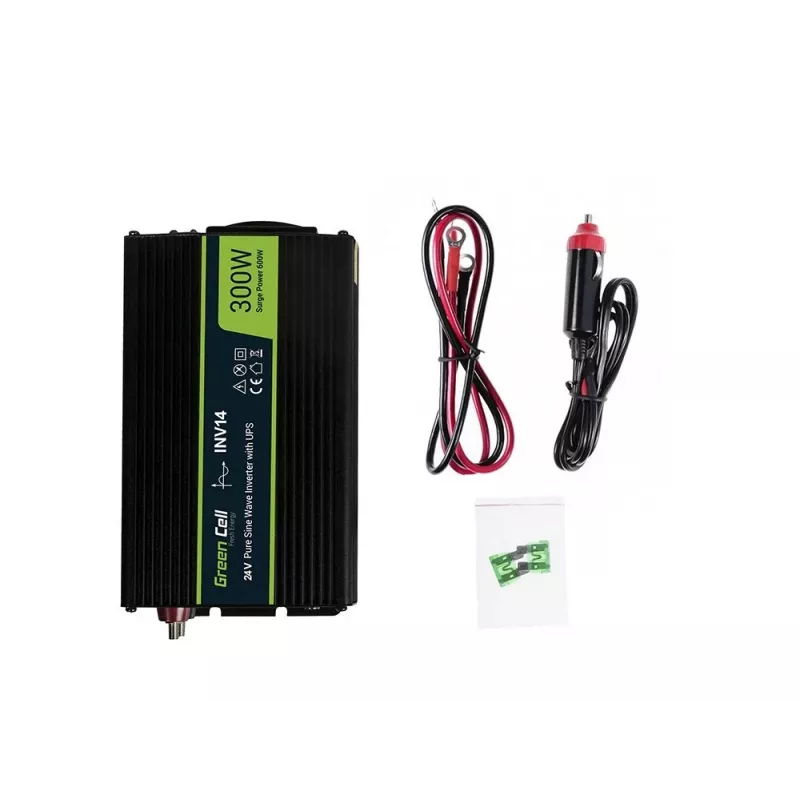 Menič napätia Green Cell INV14 300W DC 24V na 230V s USB, zásuvka typu E, aktívne chladenie