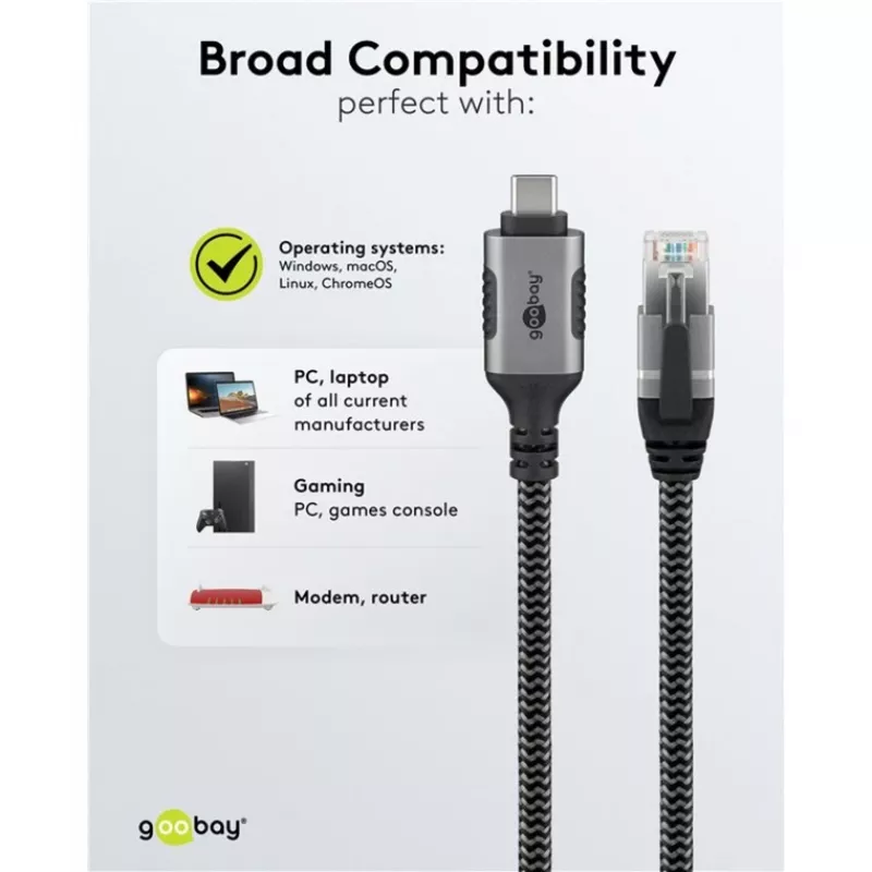 Goobay 70752 ethernetový kábel USB-C 3.1 na RJ45, Cat6 F/UTP, 5 m, čierny/strieborný