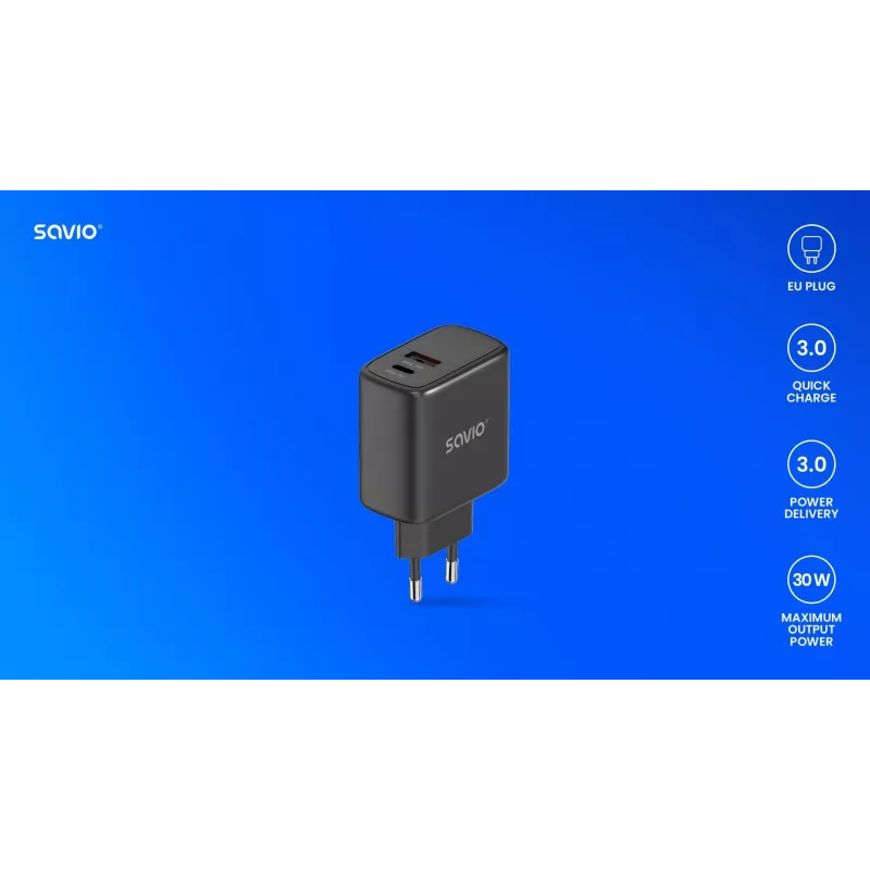 Sieťová nabíjačka SAVIO LA-06/B 30 W, USB-A + USB-C, Quick Charge, Power Delivery 3.0, čierna