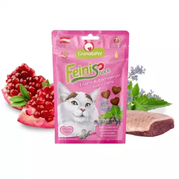 Maškrty pre mačky Fox4Pets GRANATAPET FeiniSnack kačica & kocúrnik, mäsité pevné vrecko, 50 g, bez cukru, bez lepku