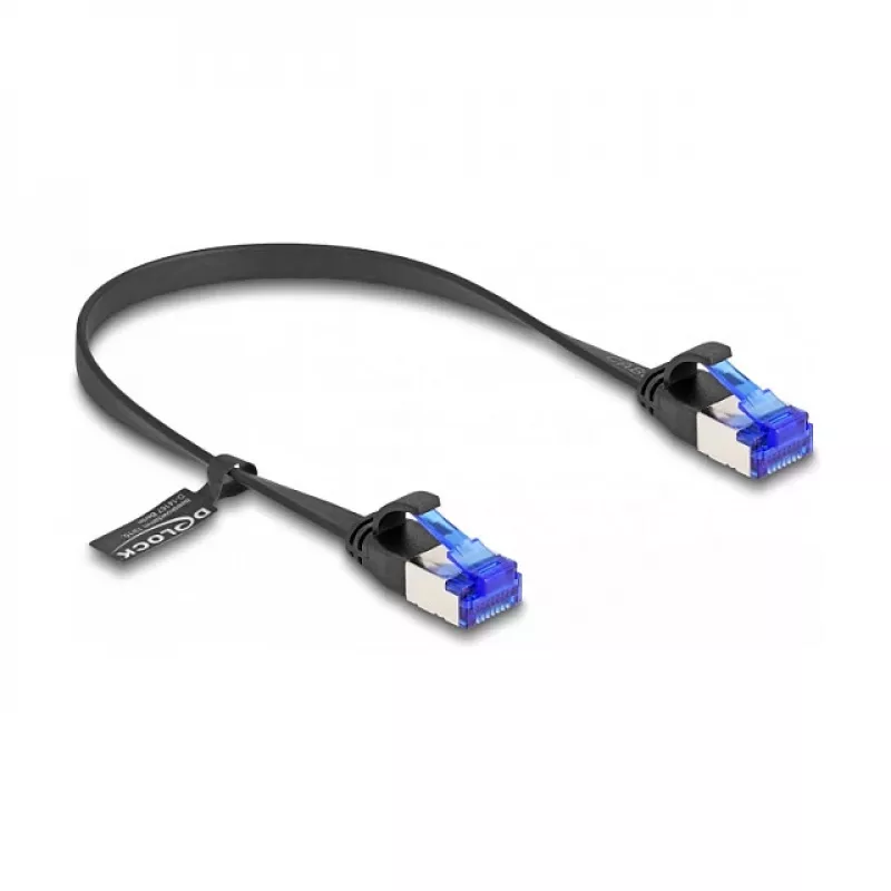 Sieťový kábel DeLOCK RJ45 plochý patch kábel konektor samec na konektor samec Cat.6A 0,25 m čierny