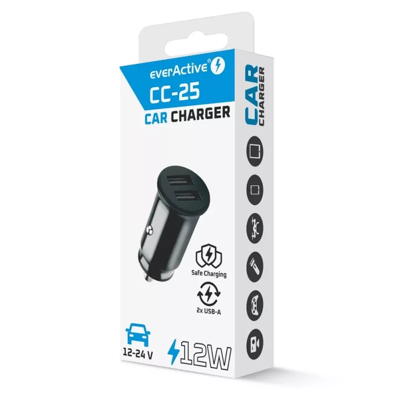 Auto nabíjačka everActive CC-25 — 2x USB port, celkový výkon 12W, 12V–24V palubné napätie