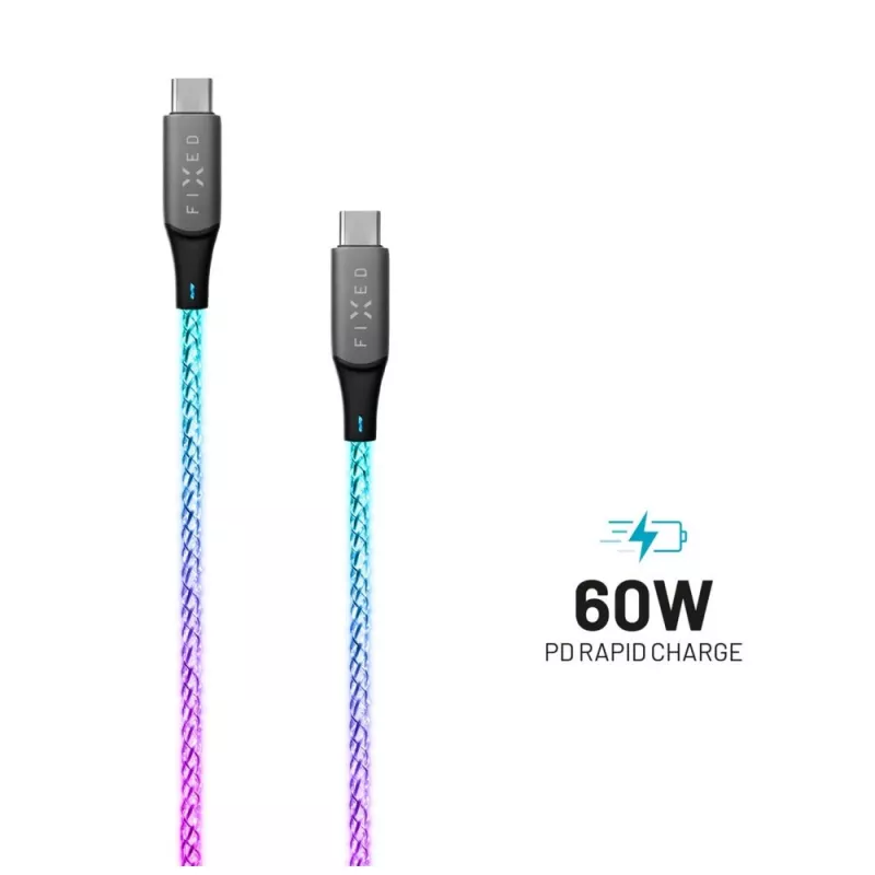 USB-C na USB-C nabíjací kábel FIXED FIXDLED-CC-RA s podporou PD a pevnou dĺžkou, integrovaná dúhová LED
