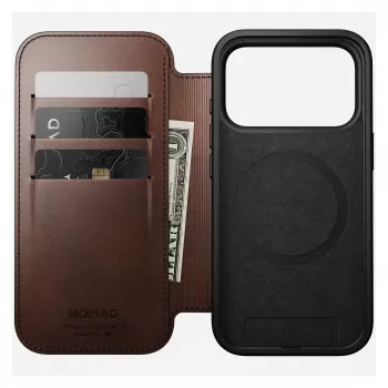 Puzdro na telefón Nomad Modern Leather Folio pre iPhone 17 Pro, koža/hliník, 16 cm (6,3 palcov) hnedé, 4 priehradky na karty