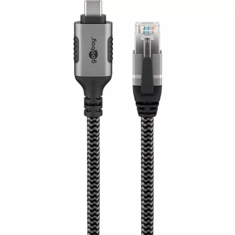 Ethernet kábel USB-C 3.2 Gen2 konektor samec > RJ-45 konektor samec, LAN adaptér čierny/strieborný, 1,5 metra, pletené textilné opláštenie