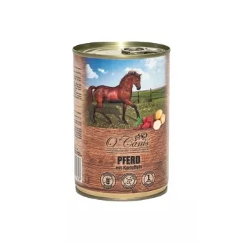 Mokré krmivo pre psov o'canis kôň so zemiakmi 400 g – kompletné konzervované krmivo pre dospelé psy, 80 % vlhkosti, 8,5 % bielkovín