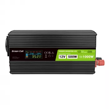 Green Cell menič napätia PowerInverter LCD 12 V 500W/1000W auto menič so displejom – menič/adapter s čistou sínusovou vlnou auto čierny