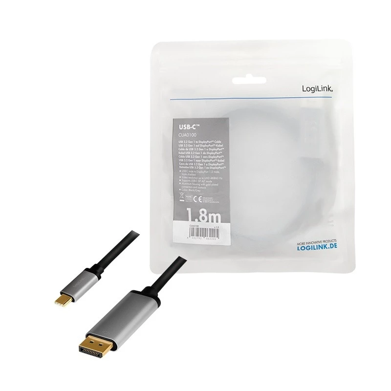 LogiLink CUA0100 káblový adaptér DisplayPort USB 3.2 Gen1 Type-C 1,8m čierny sivý