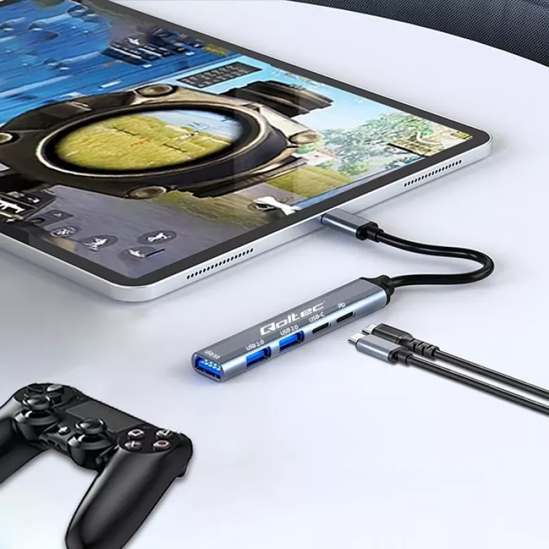 Qoltec 53790 Hub adaptér USB-C 3.1 5in1 | USB-C PD | USB-C | 2x USB 2.0 | USB 3.0