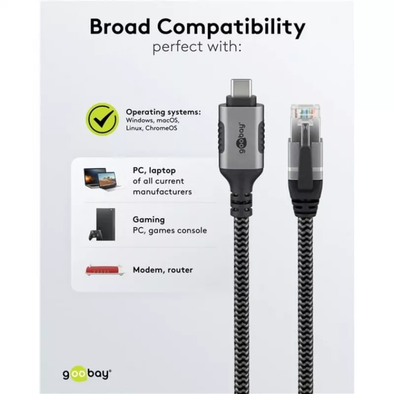 Goobay 70752 ethernetový kábel USB-C 3.1 na RJ45, Cat6 F/UTP, 5 m, čierny/strieborný