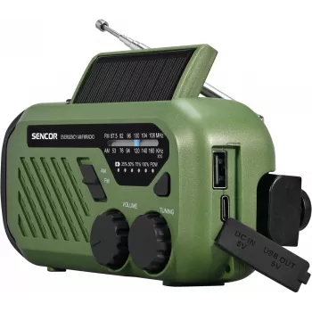 Prenosné UKV/SV rádio SENCOR SRD1000SCLGR s Bluetooth, solárne/kľukové/USB-C nabíjanie, 2000-mAh batéria, IPX4, LED svetlá