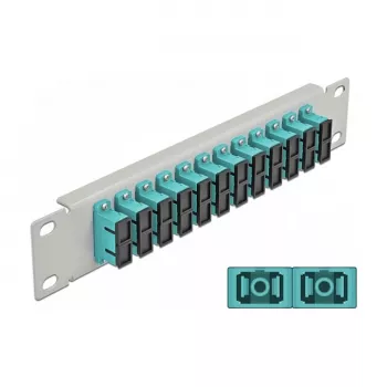 Optický patch panel DeLOCK 10 inch 12 portov SC Duplex aqua 1U sivá