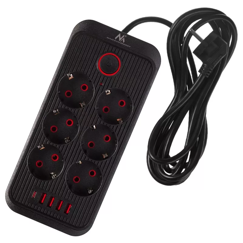 Predlžovacia zásuvková lišta MACLEAN MCE391 B – 6 zásuviek, 4×USB-A + 1×USB-C, 110–240V, 2500W, 3 m kábel, čierna