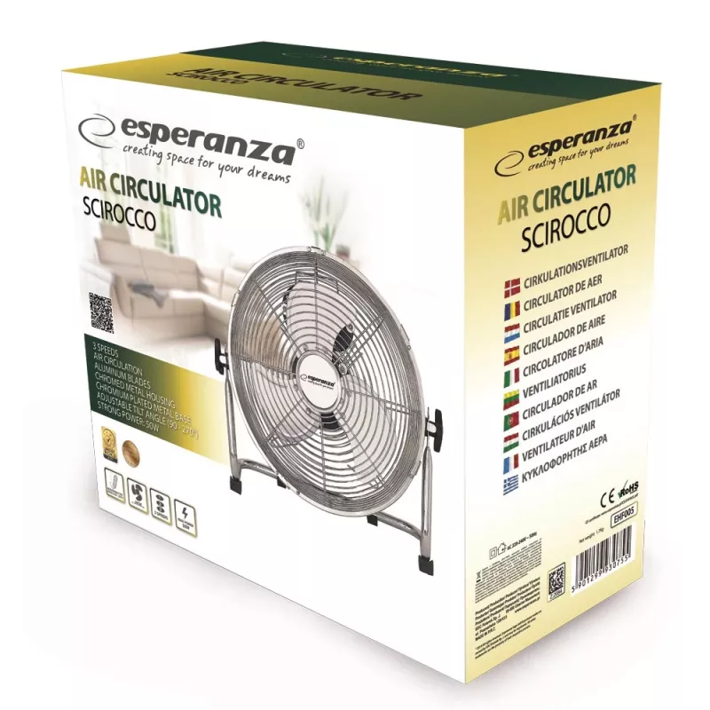 Stolný ventilátor ESPERANZA EHF005 Scirocco 12 palcov – 3 rýchlosti, priemer 36 cm, chróm, 50 W