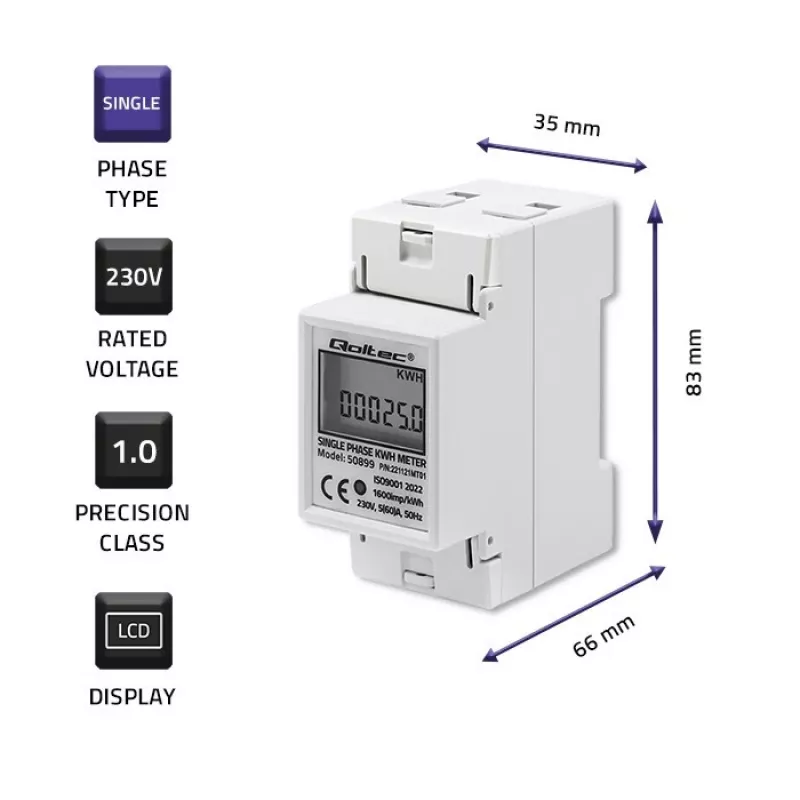 Jednofázový merač spotreby energie QOLTEC 50899 230 V 50 Hz, 5(60)A, trieda 1.0, LCD