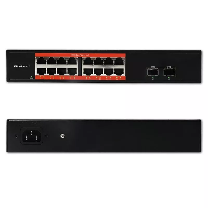 Sieťový switch QOLTEC 52364 — Gigabit Ethernet PoE 16xRJ45, 2xSFP
