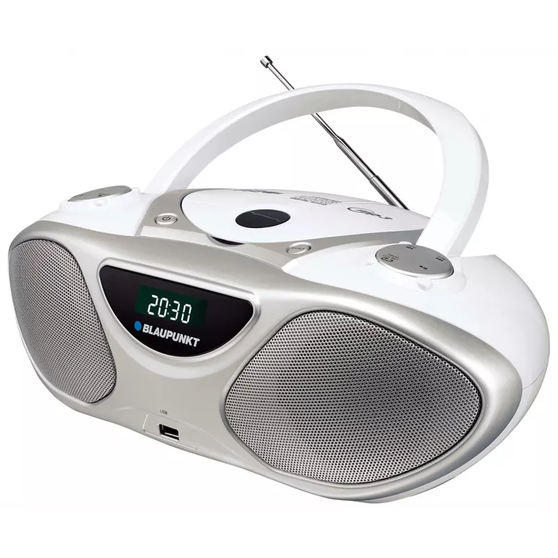 CD rekordér BLAUPUNKT BB14WH — CD rekordér s prehrávaním MP3, USB, LCD, hodiny, 2x1 W reproduktory, strieborná/biela