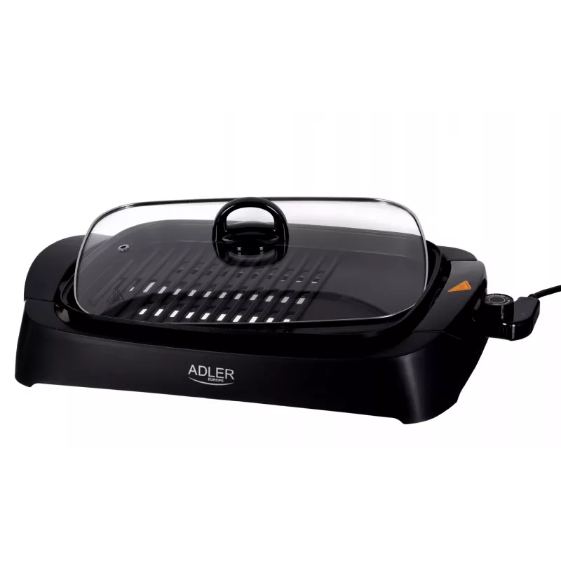 Stolný elektrický gril Adler AD 6610, 3000 W, čierny, obdĺžnikový dual-zónový rošt+platňa