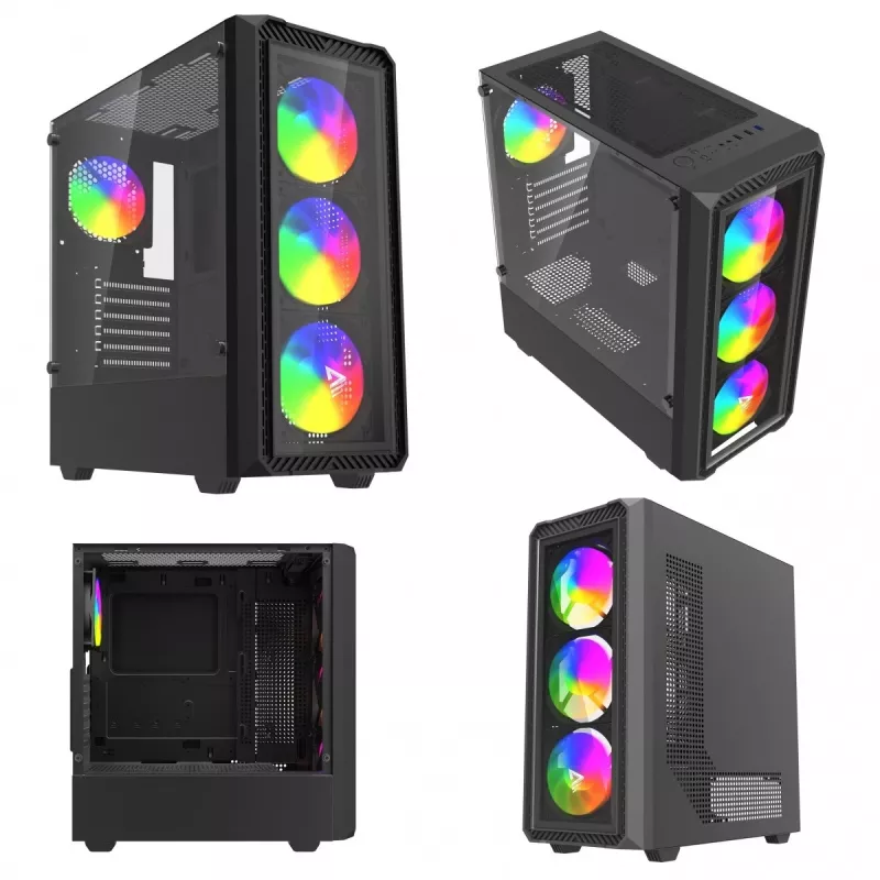 Savio Noctis Glass RGB Cube počítačová skriňa, ATX/Micro-ATX/Mini-ITX, predná strana z tvrdeného skla, RGB ventilátory, čierna