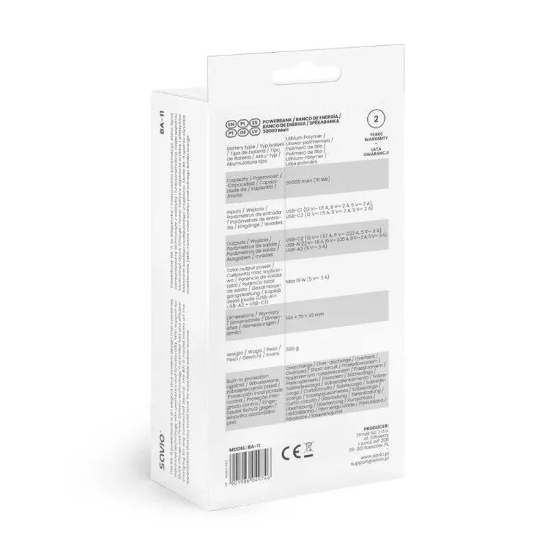 SAVIO BA-10 powerbanka 30000 mAh (111 Wh), Li-ion, 2x USB-C, 2x USB-A, Quick Charge, Power Delivery