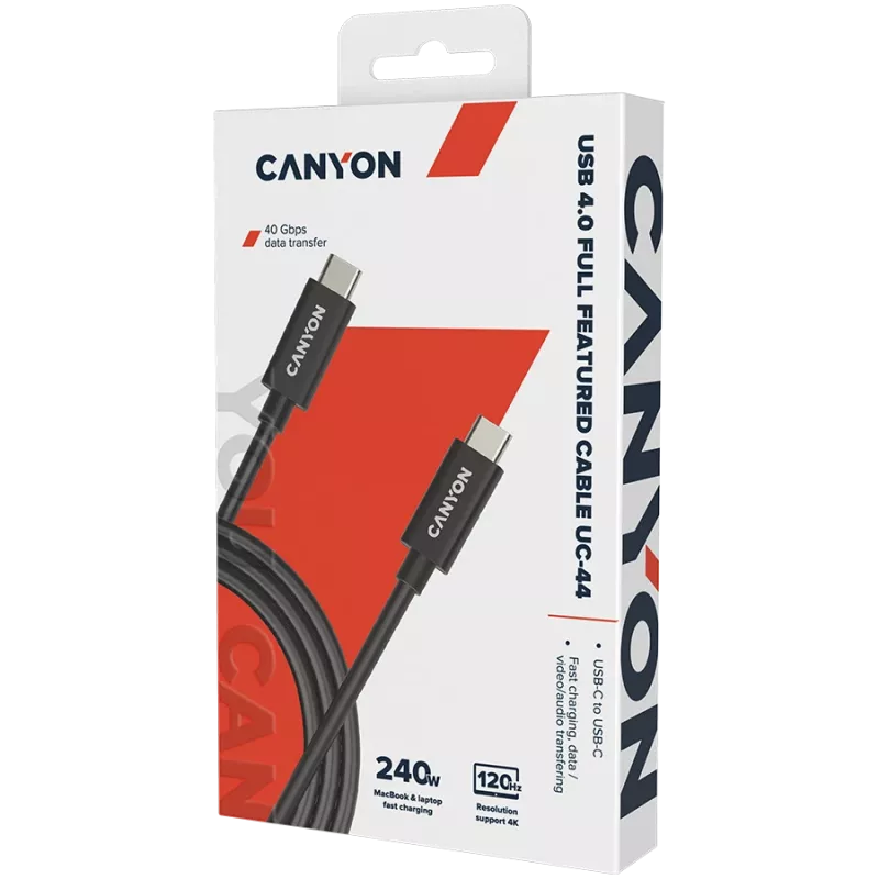 CANYON UC-44, kábel, U4-CC-5A1M-E, USB4 Type-C na Type-C kábel 40G 1 m 5A 240W (ERP) s E-MARK, CE, ROHS, čierny