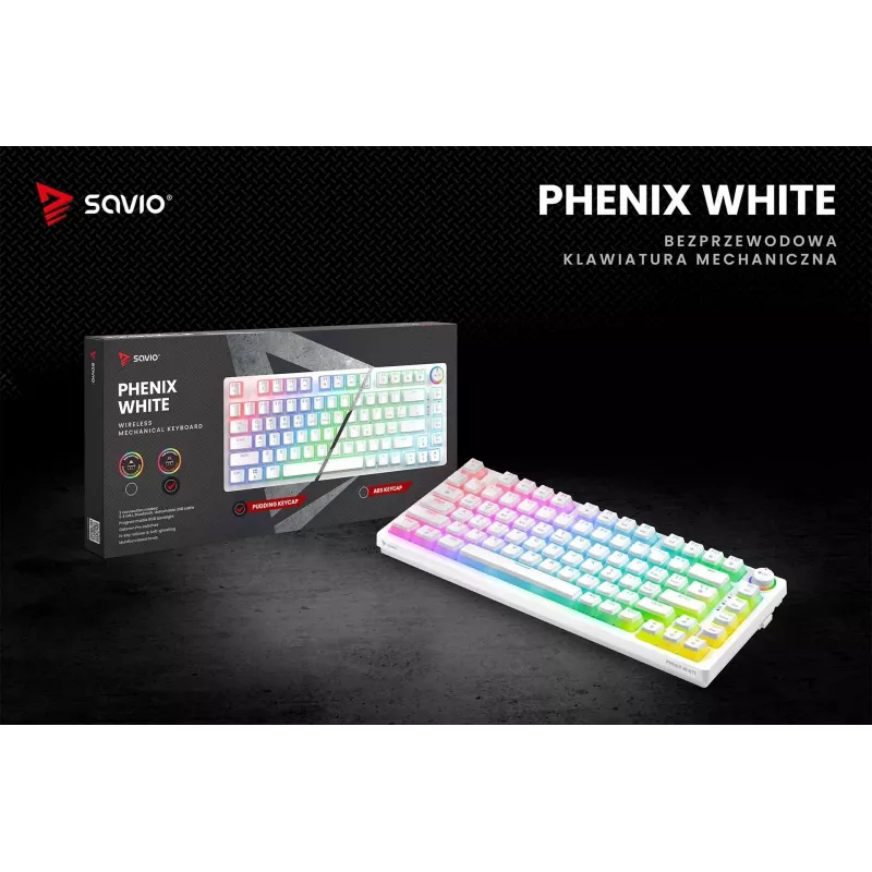 Herná klávesnica Savio Phenix WHITE GAT RED PUD káblová bezdrôtová USB Bluetooth RGB LED